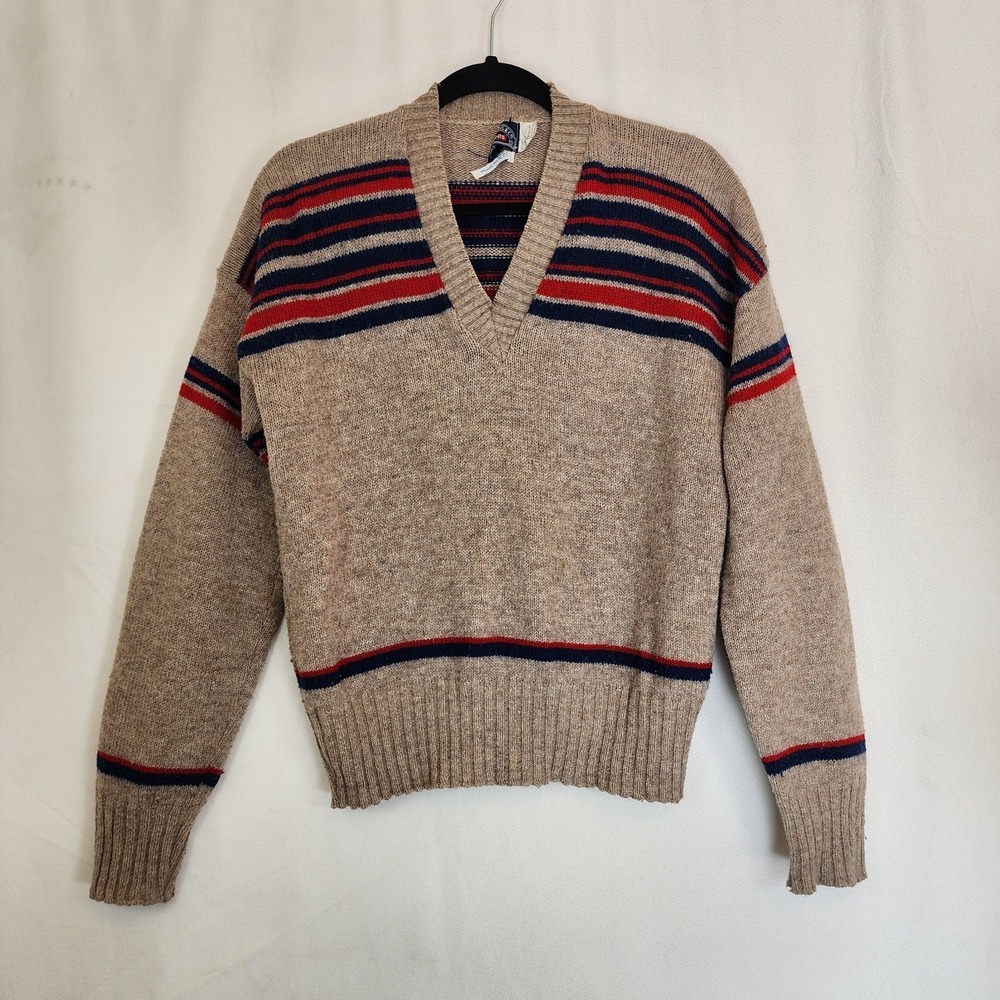 Vintage Levi's Striped V-Neck Pullover Wool Blend Sweater Tan Red Blue Size L